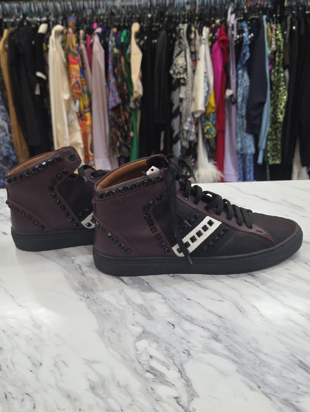 Bally Men's High-Top Studded Sneakers - Black and Burgundy